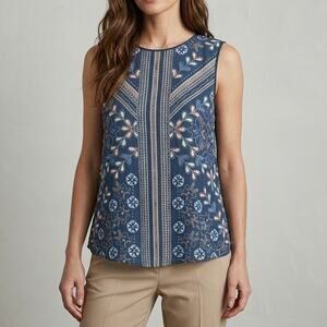 BCBGMaxazria Haida Blue Floral Blouse Sleeveless Open Cutout Back Top, size XS